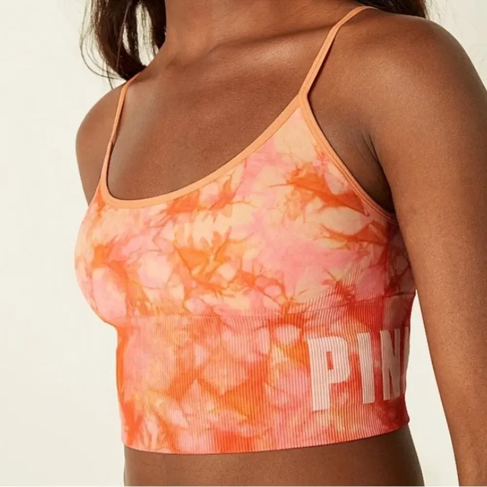 Victoria’s Secret PINK Active Set Orange Tie Dye Seamless Leggings Sports Bra - Picture 2 of 13